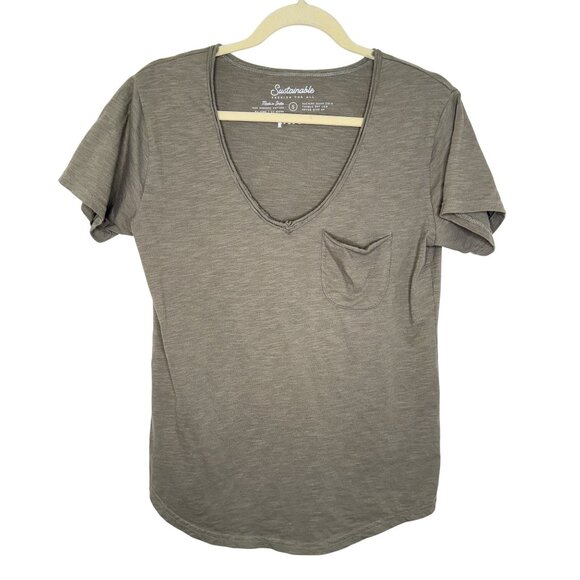 Pact Tops - Pact Organic Cotton Grey/Taupe V-Neck T-Shirt With Pocket, S